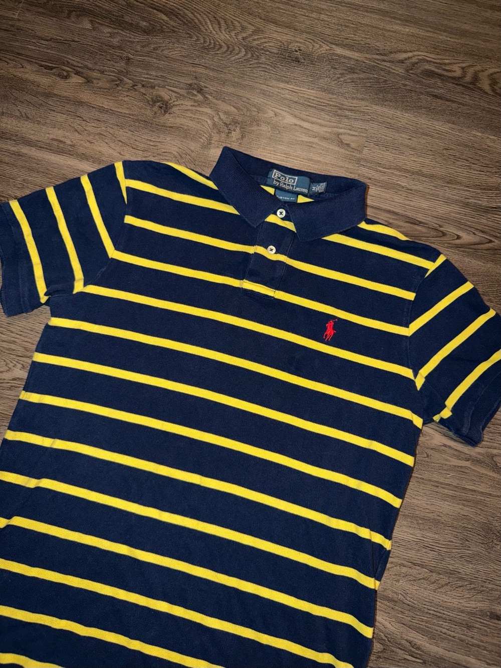 Polo Ralph Lauren Men's Medium Blue Stripe Yellow Polo Short Sleeve Custom Fit